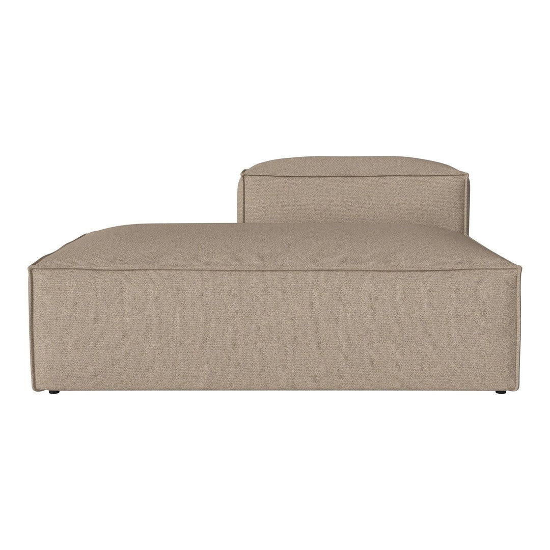Beige upholstered chaise lounge with a minimalist design and smooth, textured fabric. Ideal for modern interiors.