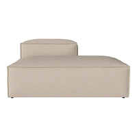 Beige fabric sofa with a smooth, minimalist design and contemporary low-profile cushions, perfect for modern decor.