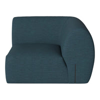 Teal upholstered sofa with a textured weave pattern, featuring a modern, rounded design and minimalistic lines.