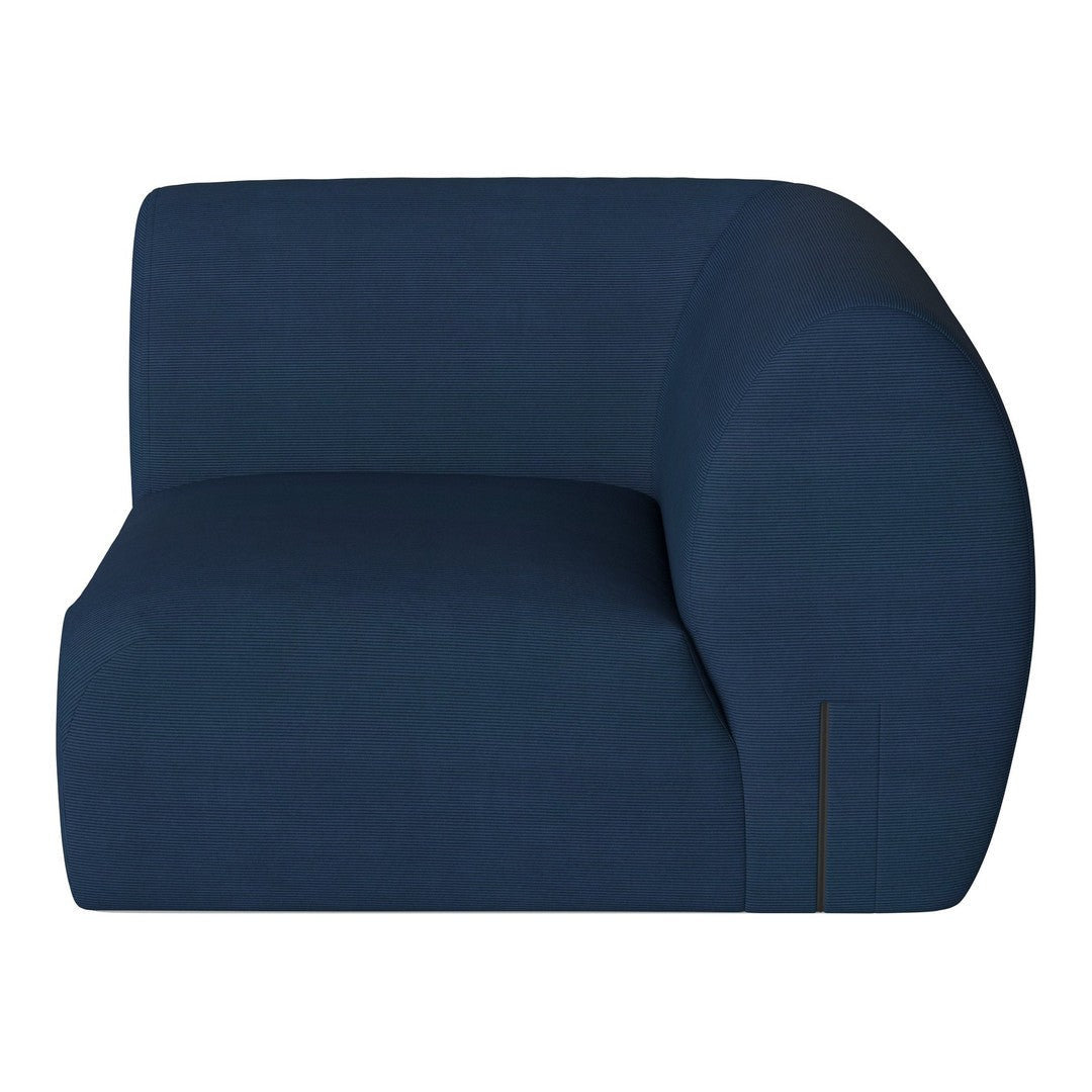 Dark navy blue textured upholstery with curved lines and a minimalist design.