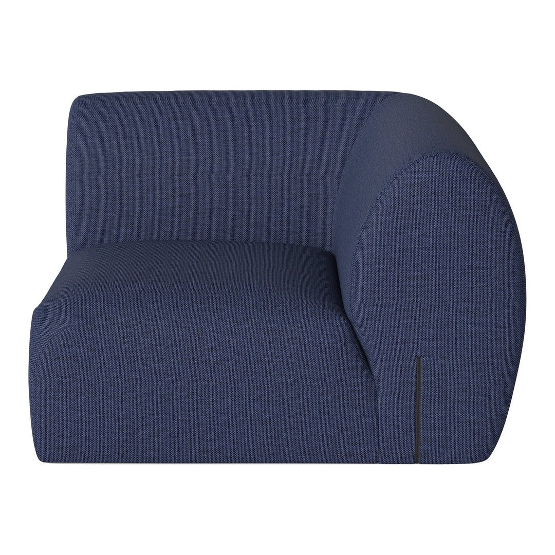 Curved navy blue upholstered chair with textured pattern, perfect for modern living spaces.