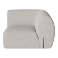 Light beige curved sofa with a textured fabric and minimalistic design, featuring subtle line detailing.