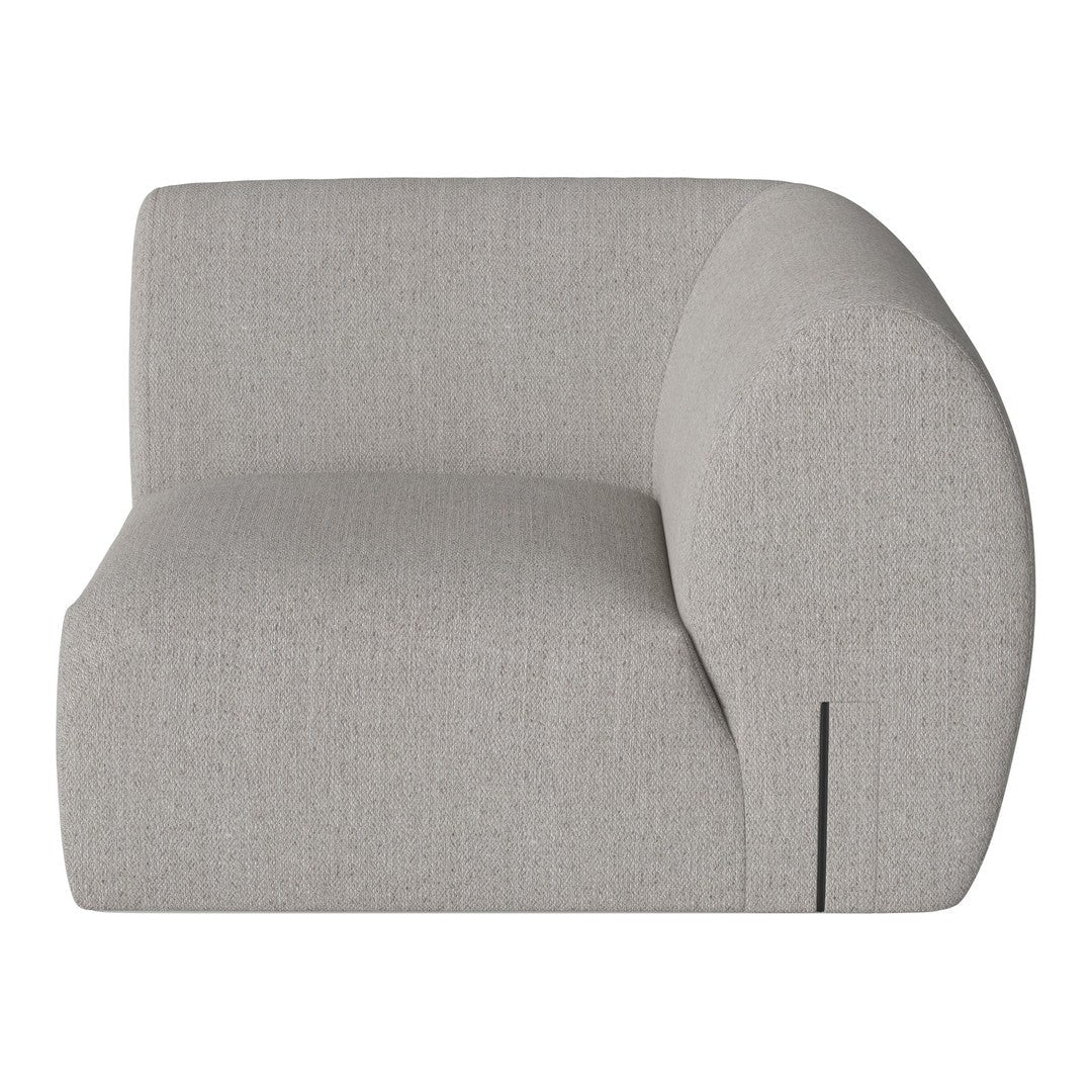 Elegant curved sofa in a soft gray fabric with subtle textured pattern, perfect for modern home decor.