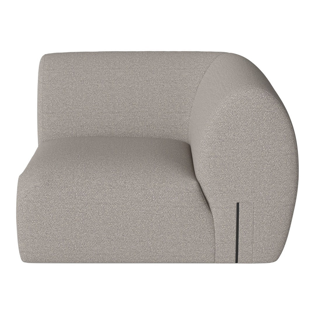 Curved, modern sofa in a soft light gray fabric with a textured pattern, ideal for contemporary interiors.