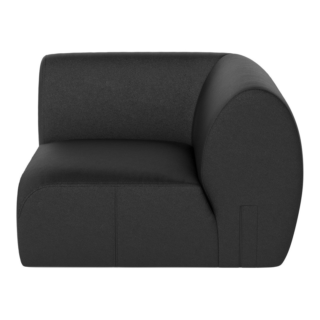 Black curved couch section with a smooth, modern fabric finish, perfect for contemporary living spaces.