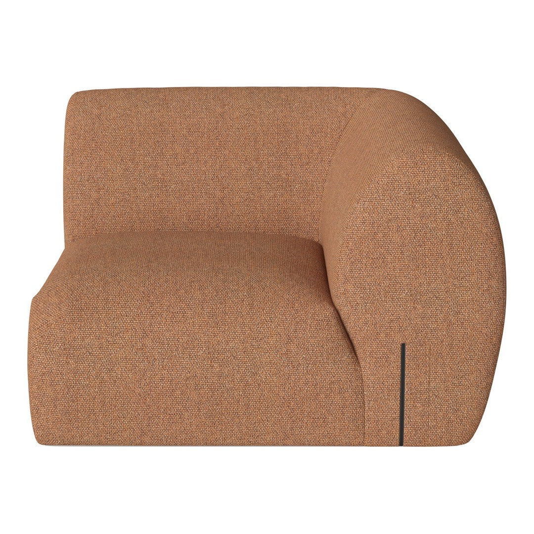 Curved brown accent chair with a textured finish and minimalistic black detail. Perfect for modern interiors.