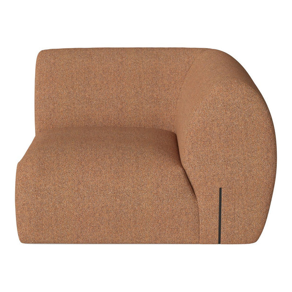 Curved brown accent chair with a textured finish and minimalistic black detail. Perfect for modern interiors.