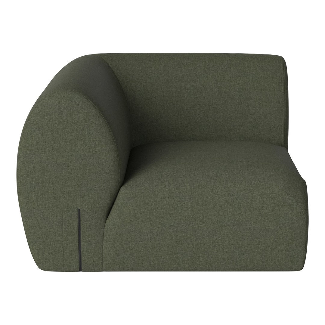 Olive green upholstered sofa section with a sleek, modern design and smooth, curved edges.