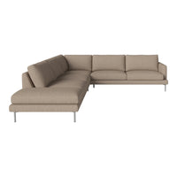 Beige sectional sofa with clean lines and soft upholstery, featuring a minimalist design and subtle texture.
