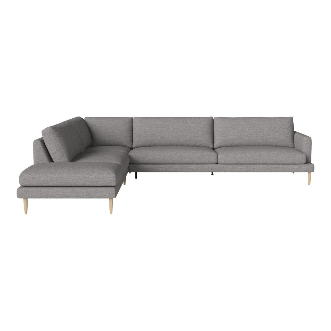 Gray fabric sectional sofa with clean lines and wooden legs, perfect for modern living spaces.