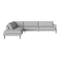 Light gray sectional sofa with a sleek, modern design and smooth fabric upholstery, featuring clean lines and minimalist style.