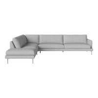 Light gray sectional sofa with smooth fabric and minimalist design; features clean lines and no visible patterns.