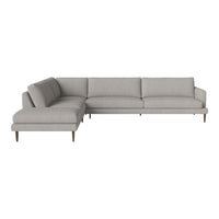 Light gray sectional sofa with smooth, minimalist design and tapered wooden legs. Ideal for modern living spaces.