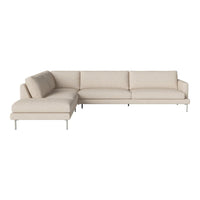 Beige sectional sofa with a sleek, modern design and minimalistic style. Perfect for contemporary living spaces.
