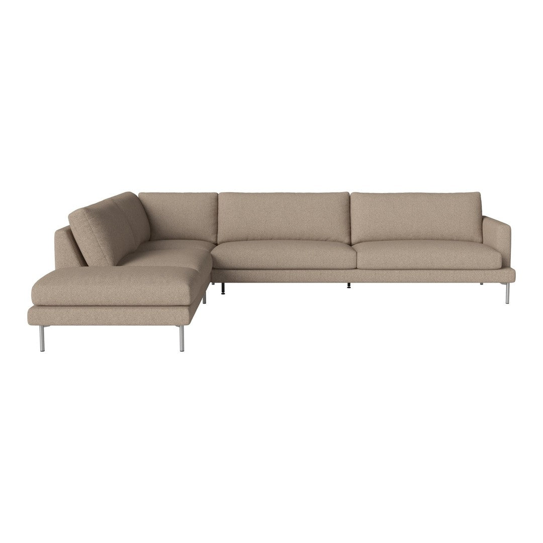Beige fabric sectional sofa with clean lines and minimalistic design, featuring a left-facing chaise and sleek metal legs.