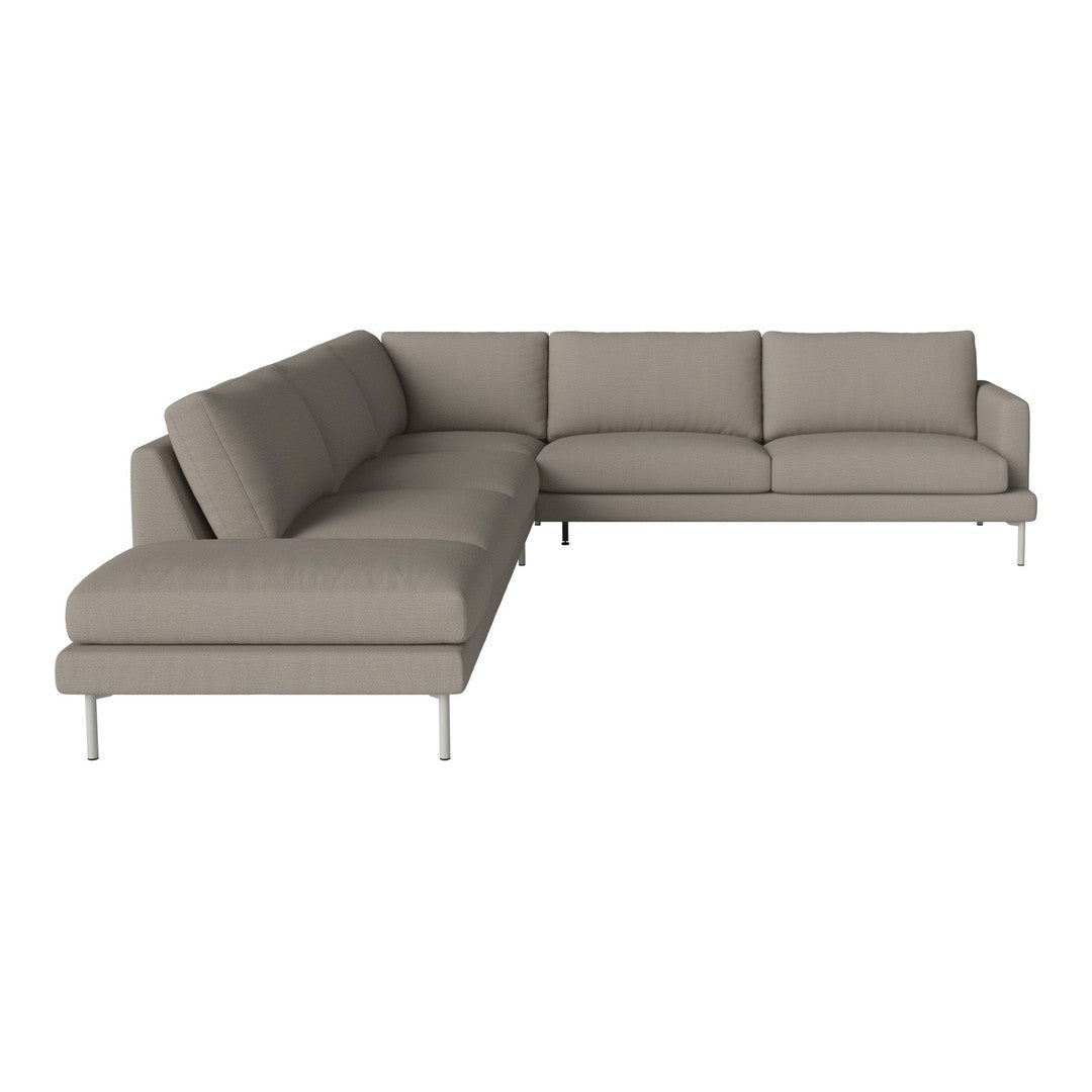 Light gray sectional sofa with a smooth fabric texture and sleek silver legs, perfect for modern living spaces.