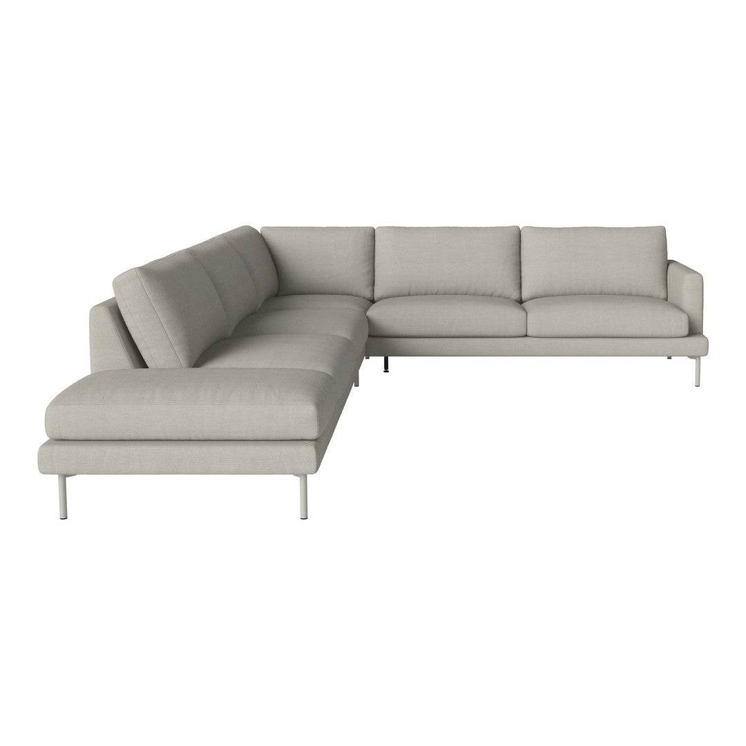 Light gray sectional sofa with a modern design and smooth fabric upholstery, featuring clean lines and no patterns.
