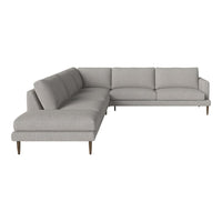 Gray sectional sofa with a minimalist design and smooth fabric upholstery, featuring clean lines and wooden legs.