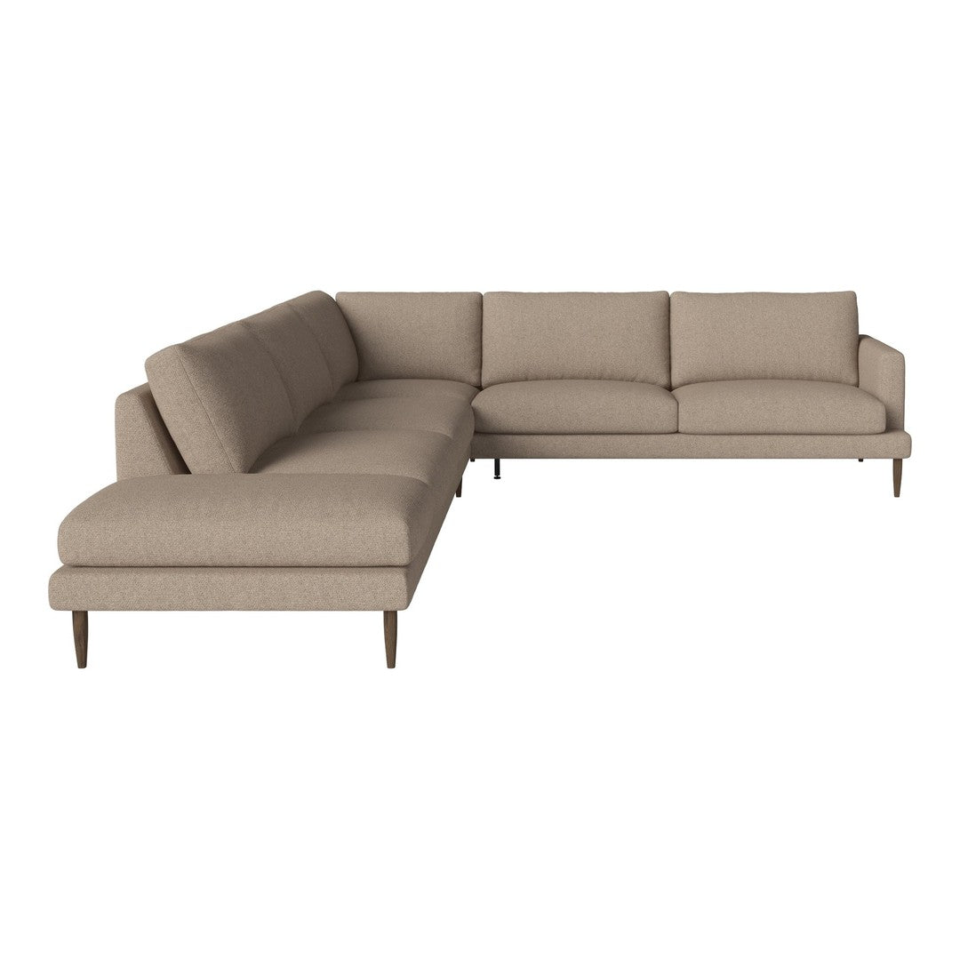 Beige sectional sofa with smooth upholstery and minimalist design, featuring straight lines and wooden legs.