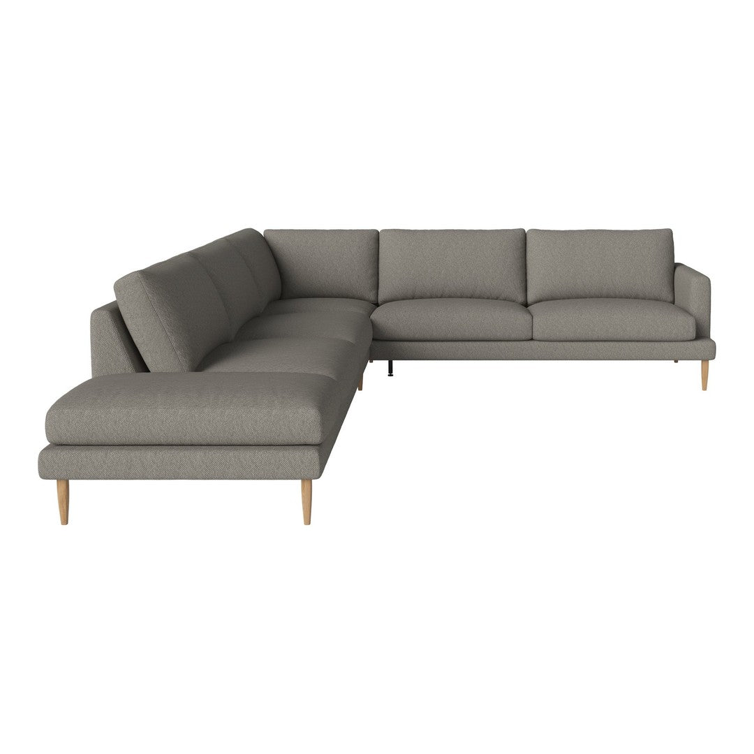 Stylish gray sectional sofa with smooth fabric and clean lines, featuring natural wood legs for a modern touch.