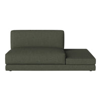 Dark green sofa with a textured fabric and minimalist design, featuring a left-facing chaise lounge.