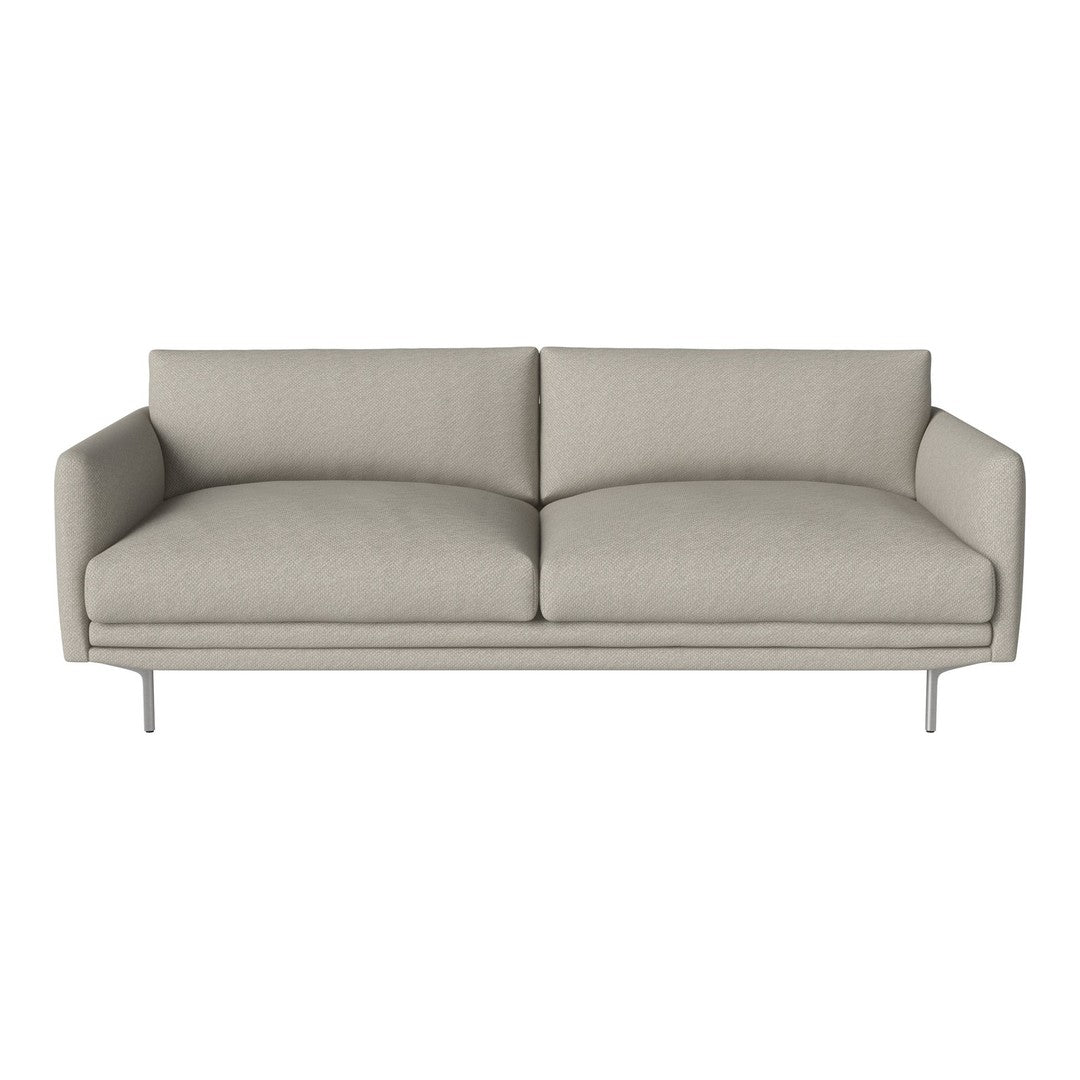 Light beige sofa with smooth fabric and simple design, featuring two plush cushions and sleek metal legs.