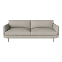 Light beige sofa with smooth fabric and simple design, featuring two plush cushions and sleek metal legs.