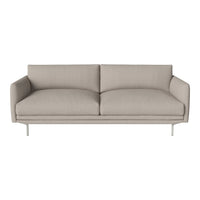 Beige fabric sofa with minimalist design and smooth texture, featuring two spacious cushions and sleek metal legs.