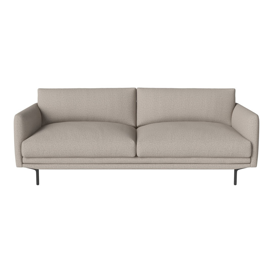 Light beige modern sofa with smooth upholstery and minimalist design, featuring sleek black metal legs.
