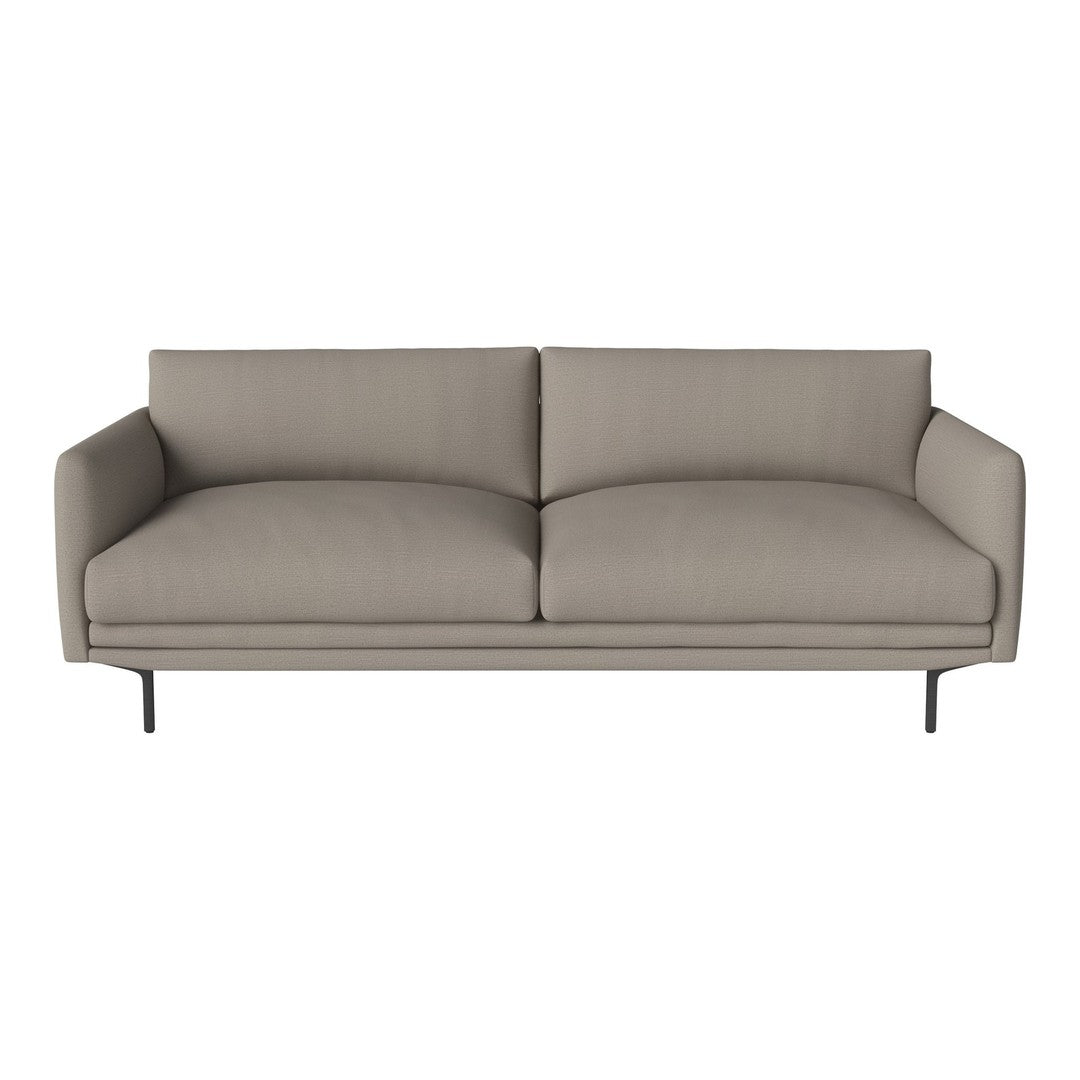 Modern beige sofa with clean lines and minimalist design, featuring soft, textured upholstery and black metal legs.