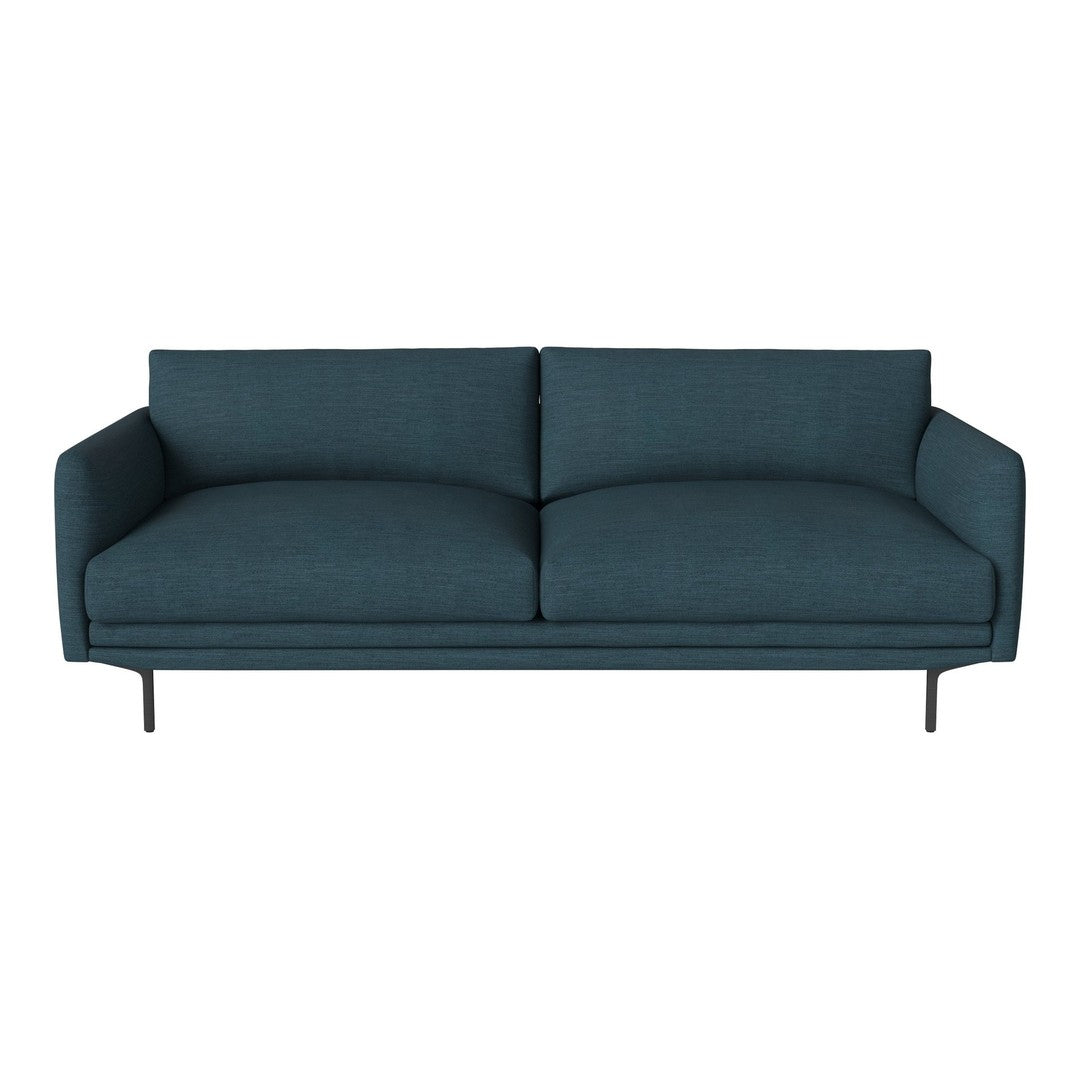 Teal upholstered sofa with a minimalist design and smooth texture, featuring straight lines and black metal legs.