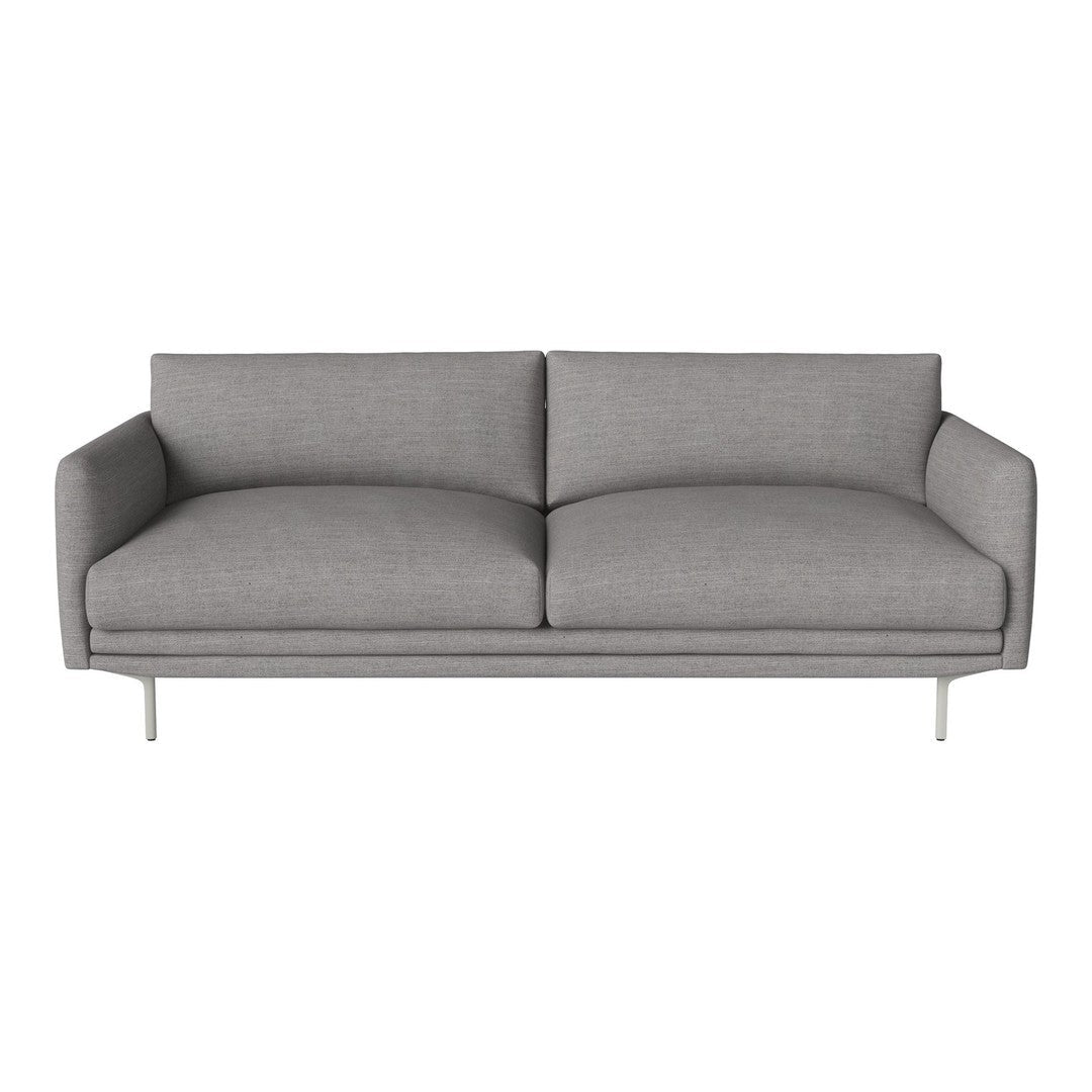 Gray fabric sofa with a smooth texture and minimalist design, featuring two plush cushions and silver legs.