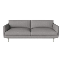 Gray fabric sofa with a smooth texture and minimalist design, featuring two plush cushions and silver legs.