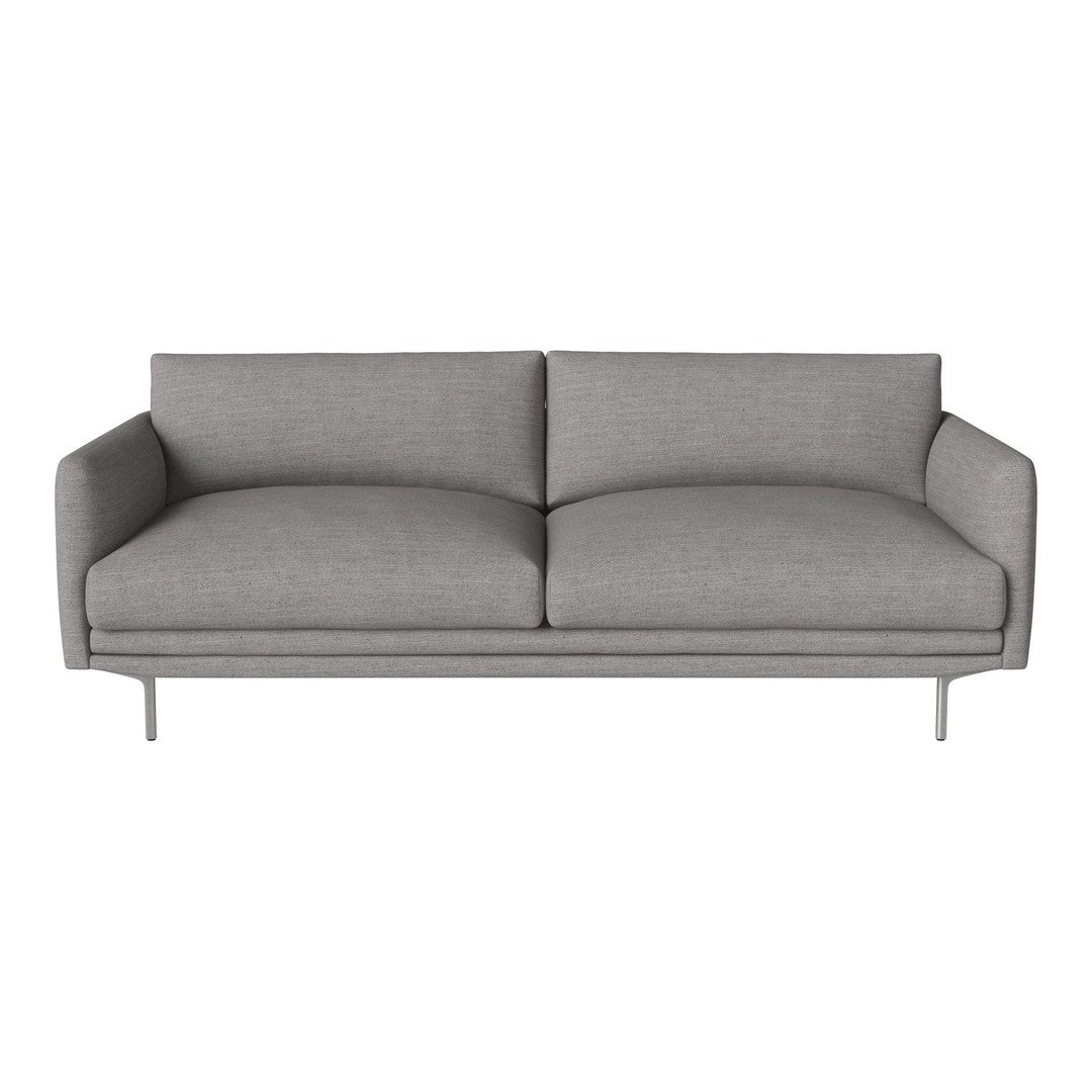 Gray upholstered sofa with a smooth, minimalist design and soft edges, featuring a solid color and sleek metal legs.
