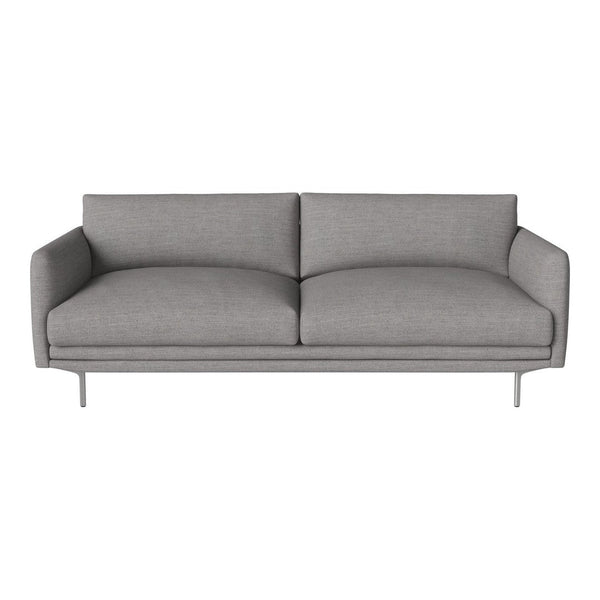 Gray upholstered sofa with a smooth, minimalist design and soft edges, featuring a solid color and sleek metal legs.