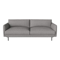 Gray upholstered sofa with a sleek, minimalist design and smooth fabric, accented by slender black metal legs.