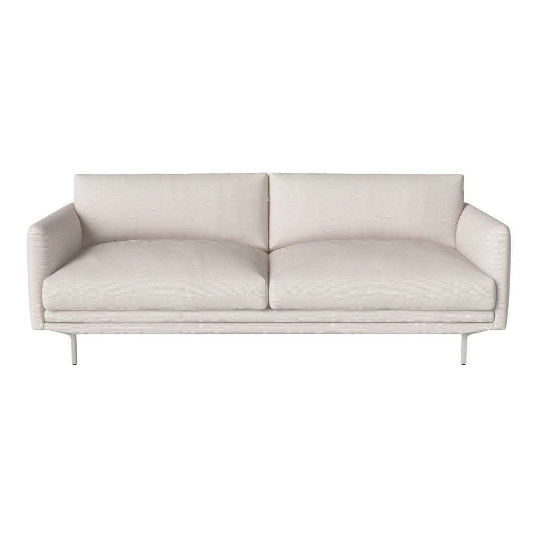 Light beige sofa with a smooth, minimalist fabric and sleek metal legs. Ideal for modern interior decor.