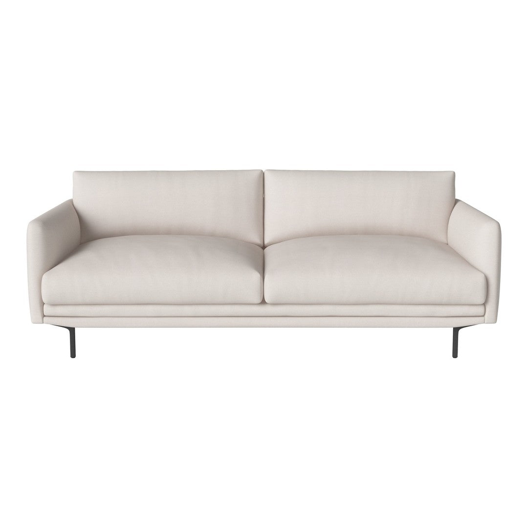 Light beige fabric sofa with a smooth, minimalist design and sleek black legs. Perfect for modern interiors.
