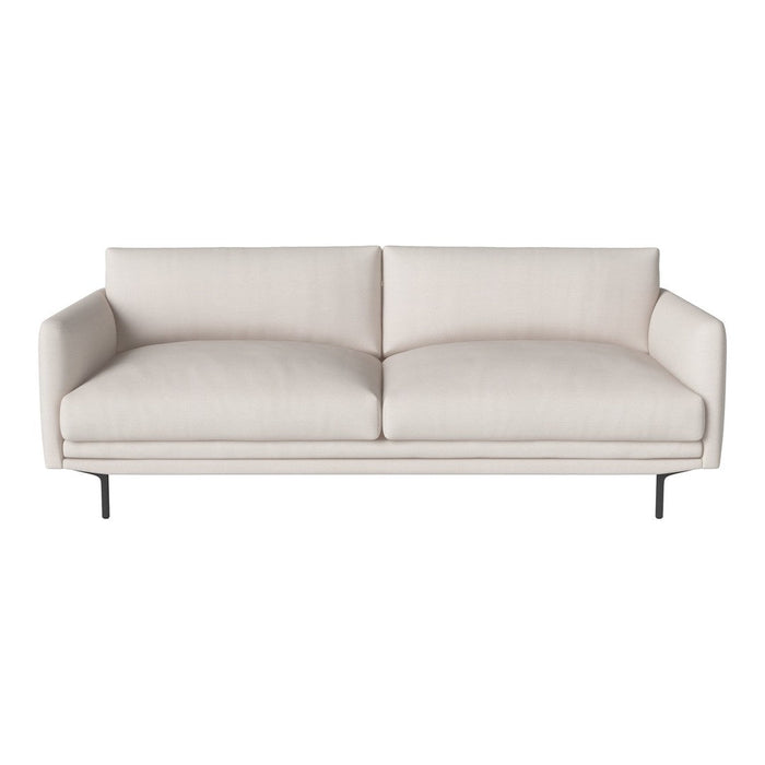 Light beige fabric sofa with a smooth, minimalist design and sleek black legs. Perfect for modern interiors.