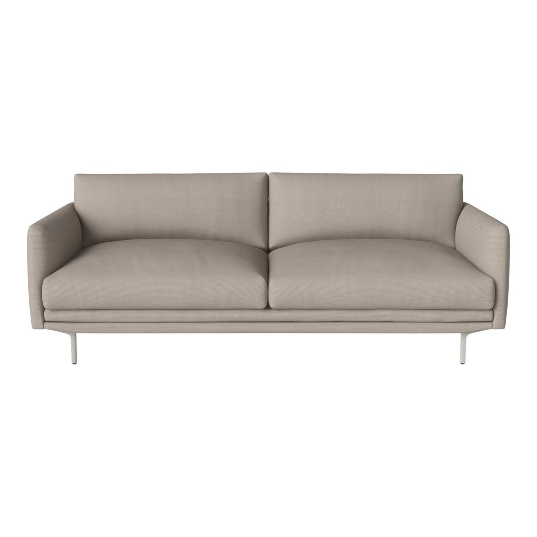 Light beige sofa with smooth fabric and minimalist design, featuring straight lines and simple, elegant contours.