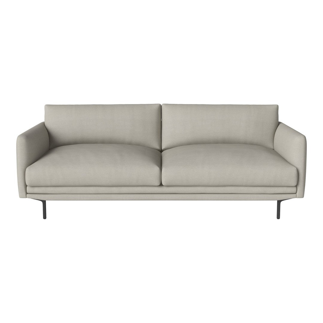 Light gray upholstered sofa with a minimalist design and solid black metal legs. Modern and versatile for any decor.
