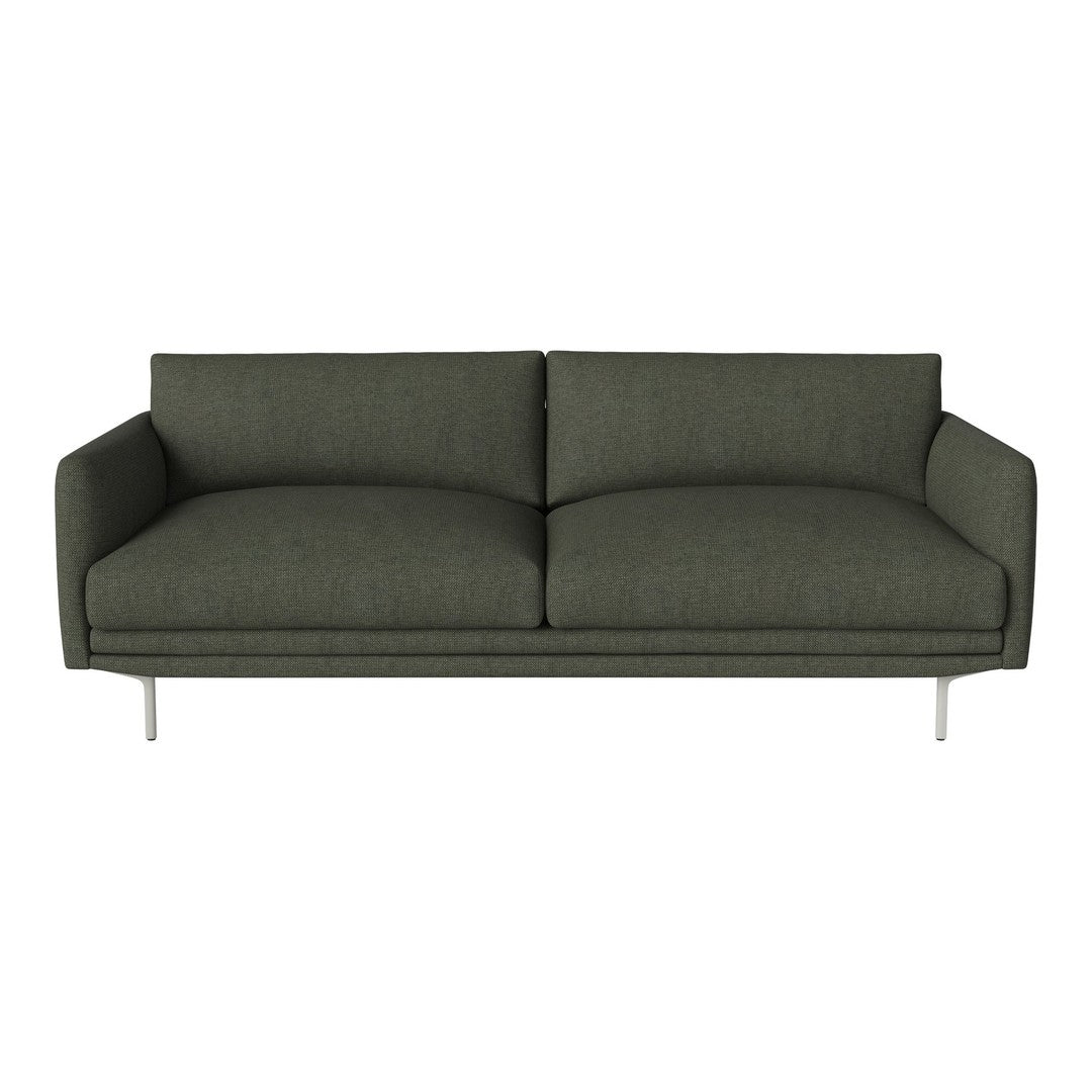 Stylish green sofa with smooth, solid fabric and a minimalist design on sleek metal legs. Ideal for modern decor.