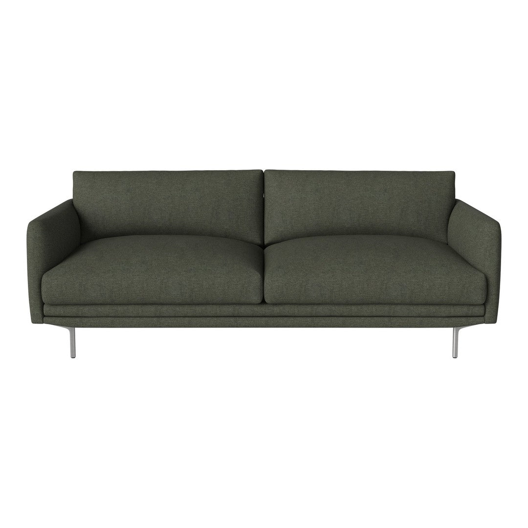 Sleek dark green fabric sofa with clean lines and a minimalist design, featuring smooth cushions and metallic legs.
