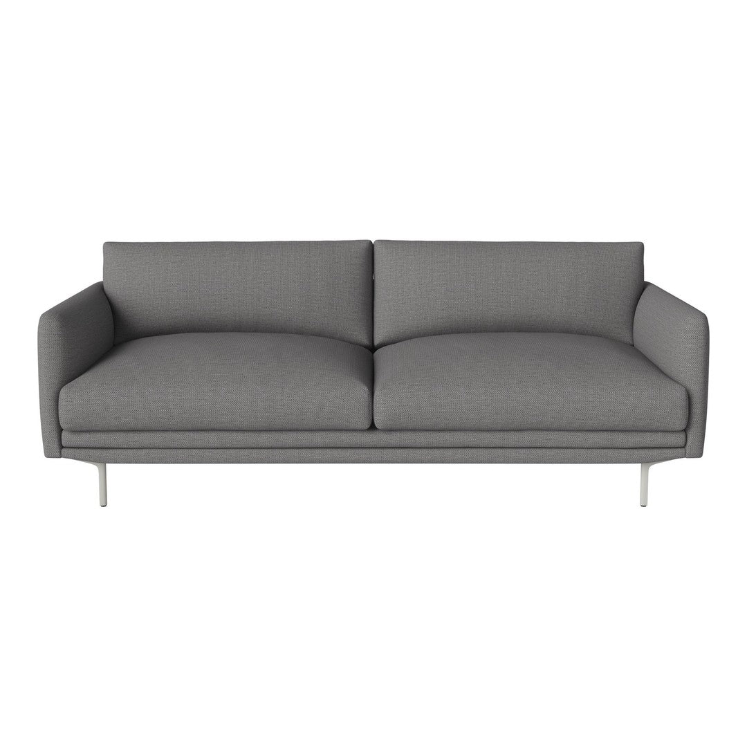 Modern gray sofa with smooth, minimalist design and subtle textured fabric, featuring clean lines and a sleek profile.