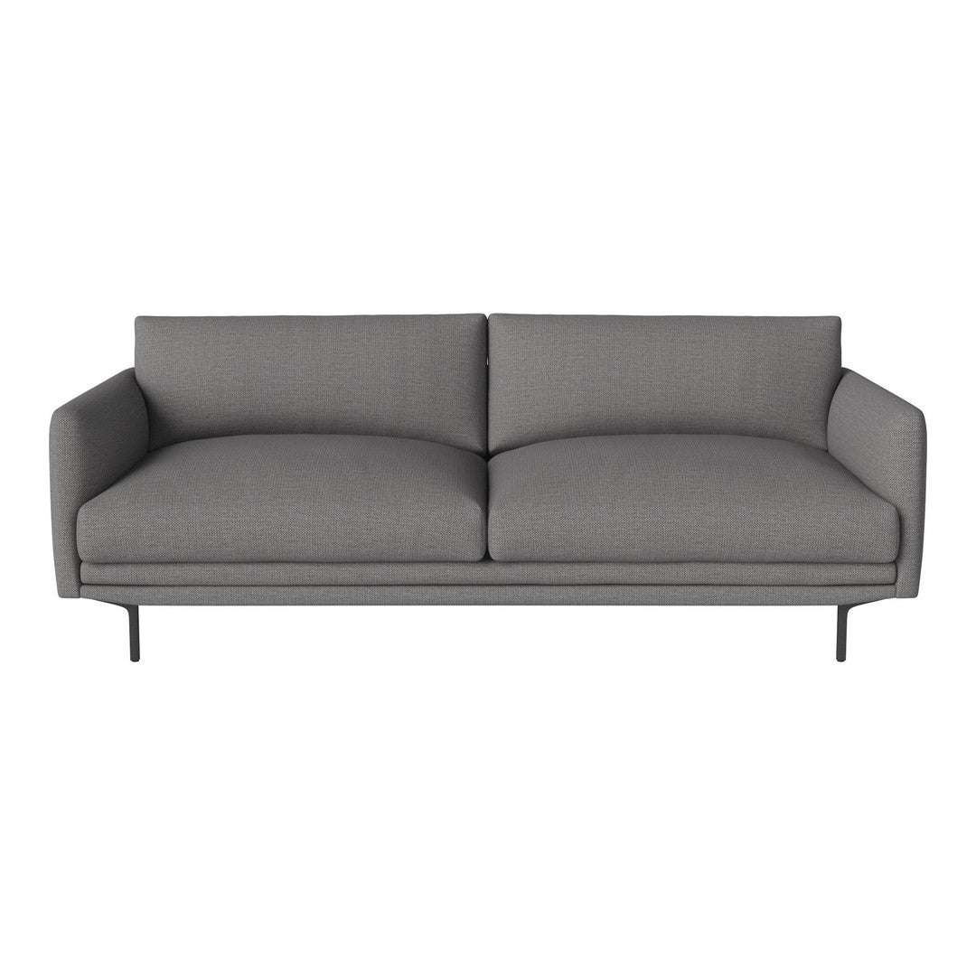 Modern gray sofa with smooth fabric and minimalistic design, featuring sleek lines and no visible patterns.