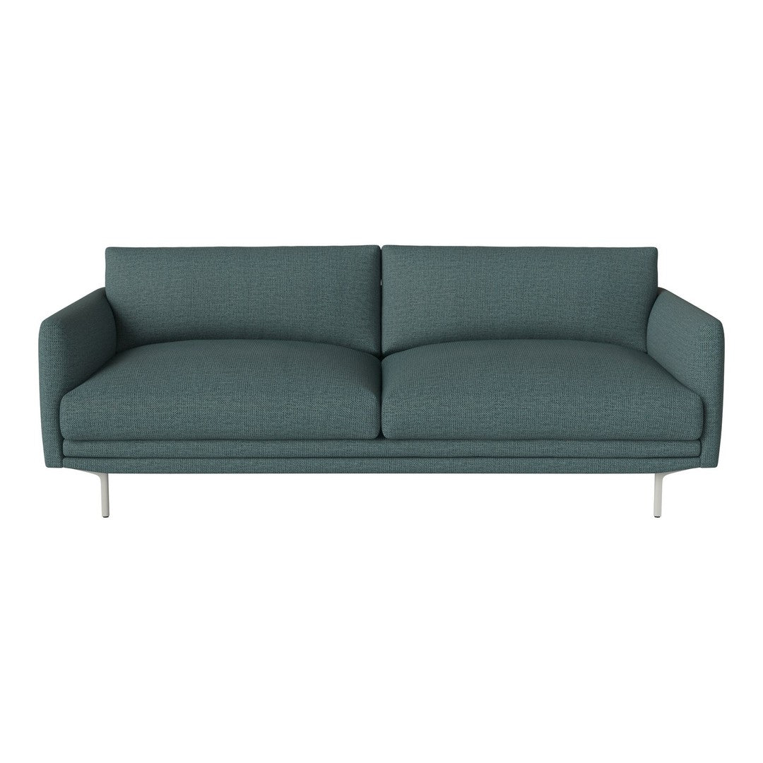 Teal, textured fabric sofa with clean lines and silver legs, perfect for modern living spaces.