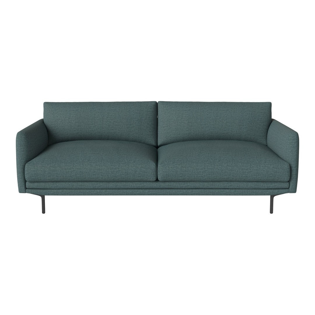 Teal fabric sofa with a stitched texture, featuring a minimalist design and sleek metal legs. Ideal for modern decor.