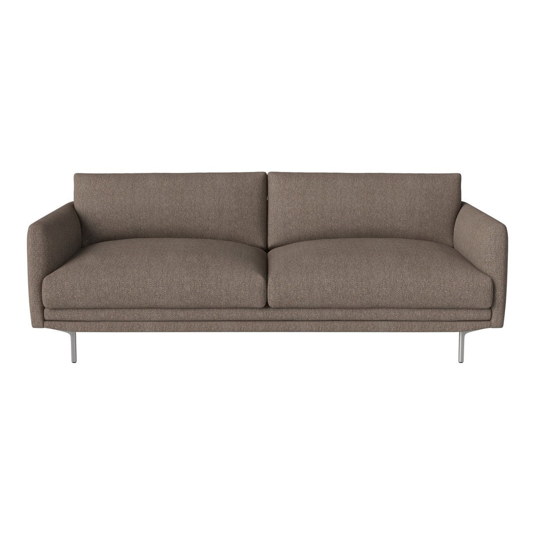 Modern brown fabric sofa with smooth, minimalist design and silver metal legs. Perfect for contemporary living spaces.