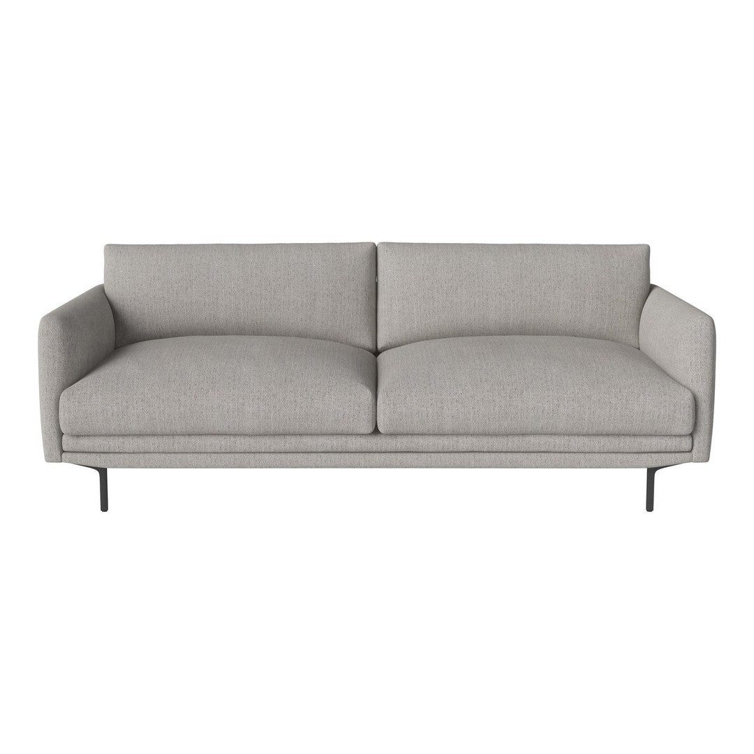 Gray fabric sofa with smooth upholstery and minimalist design on black metal legs, perfect for modern decor.