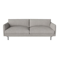 Gray fabric sofa with smooth upholstery and minimalist design on black metal legs, perfect for modern decor.